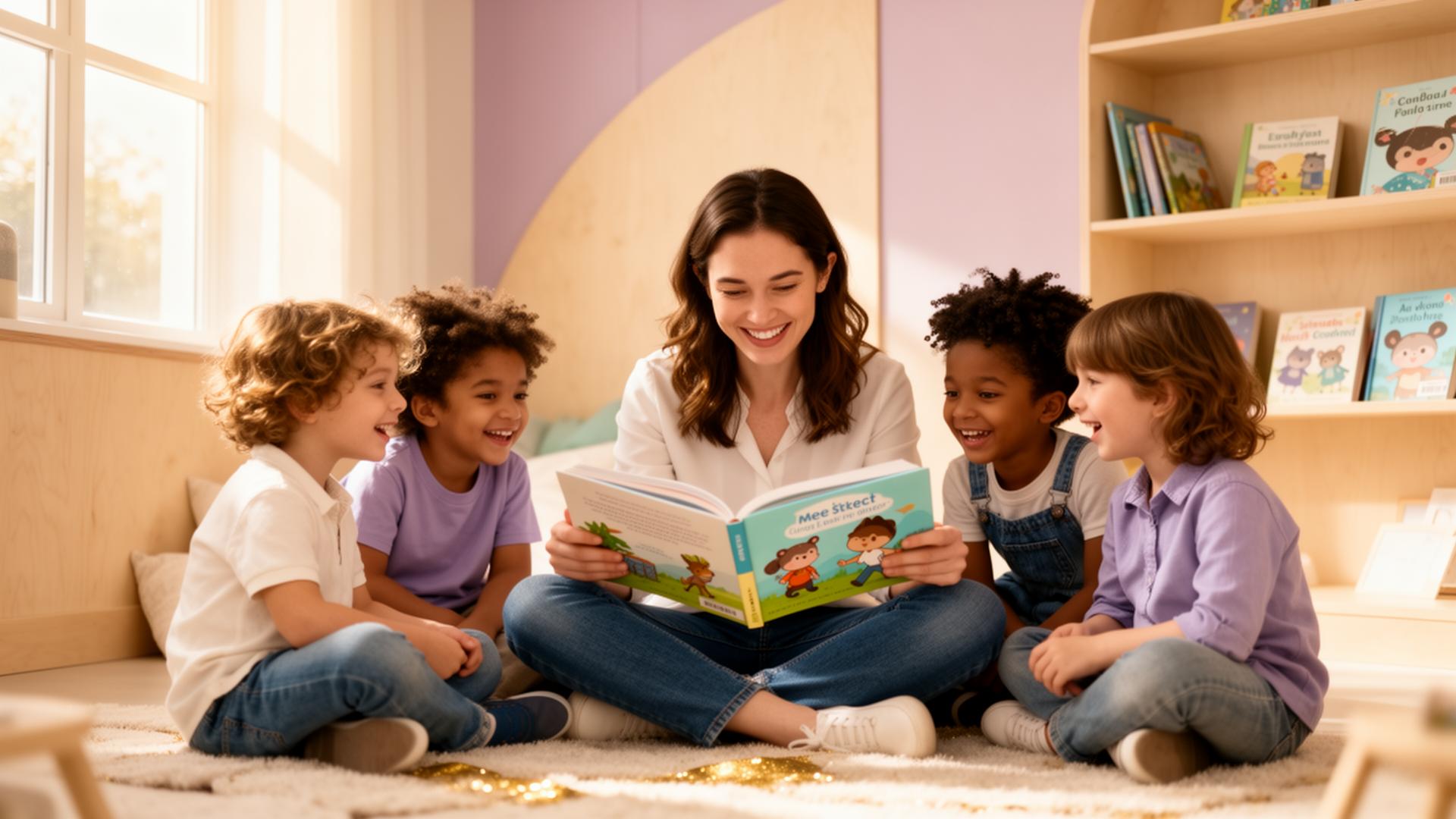 Teacher reading a picture book with a group of joyful diverse young children in a sunlit modern classroom reading nook